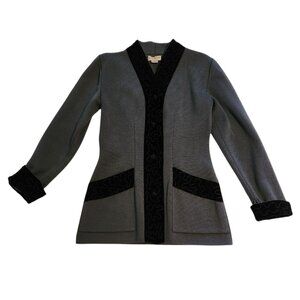 Henri Bendel Blazer Jacket Merino Wool Gray-Black Velvet Trim Vintage Small